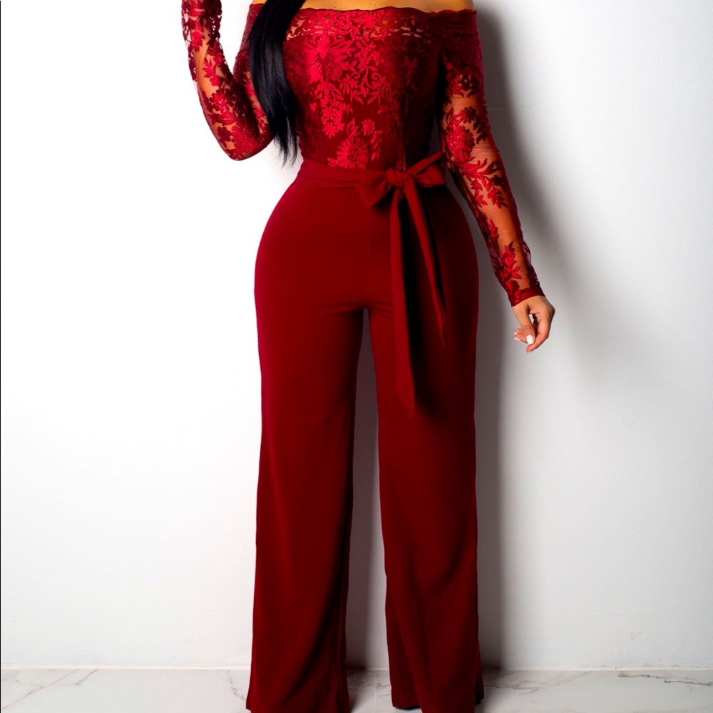 Burgundy Lace Long Sleeve Jumpsuit